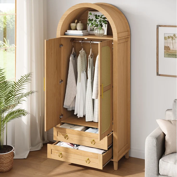 DESVIAE Garderobenschrank Natur aus MDF/Spanplatte – 76x184x50 cm – LED-Beleuchtung, 2 Schubladen – Bild 3