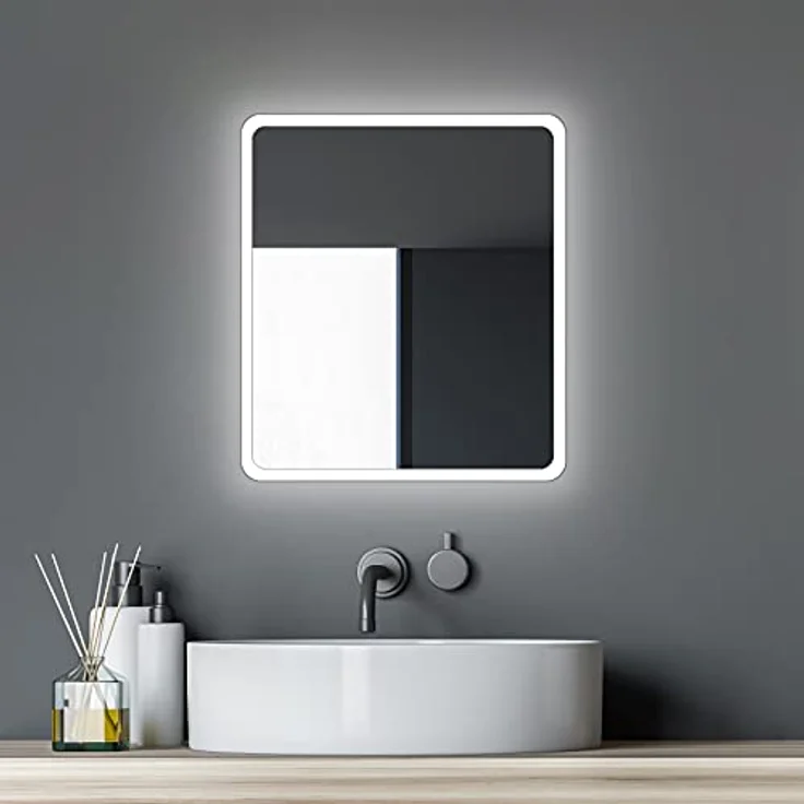 Talos Moon Badspiegel mit LED Beleuchtung, 40x45 cm, neutralweiß, umlaufender Aluminiumrahmen, feuchtraumgeeignet – Bild 1