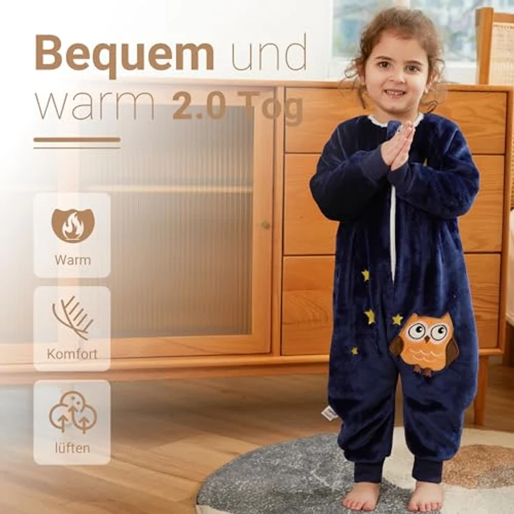 XQ&XG Baby Schlafsack mit Füßen 2.0 Tog,Kinderschlafsack mit langen Ärmeln,Schlafsack Kinder mit Beinen für mädchen und Junge,Eule,100 – Bild 3