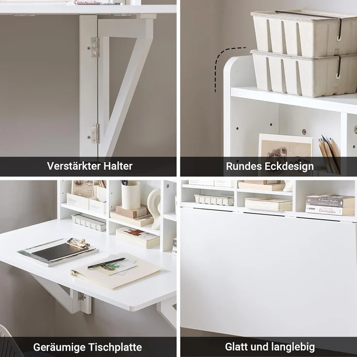 Wandklapptisch Schreibtisch mit Integriertem Schweberegal weiß FWT07-W – Bild 8