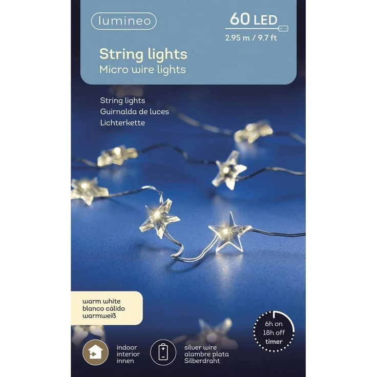 Lumineo LED-Lichterkette, LED Draht Lichterkette 2,95m mit Sternen 60 Micro-LEDs Warmweiß Silber – Bild 4
