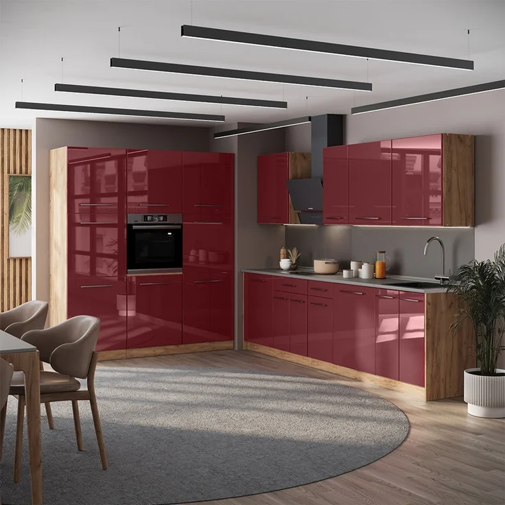 Küchenzeile Fame-Line Bordeaux Hochglanz/Goldkraft Eiche 460 cm, AP Anthrazit Vicco – Bild 5