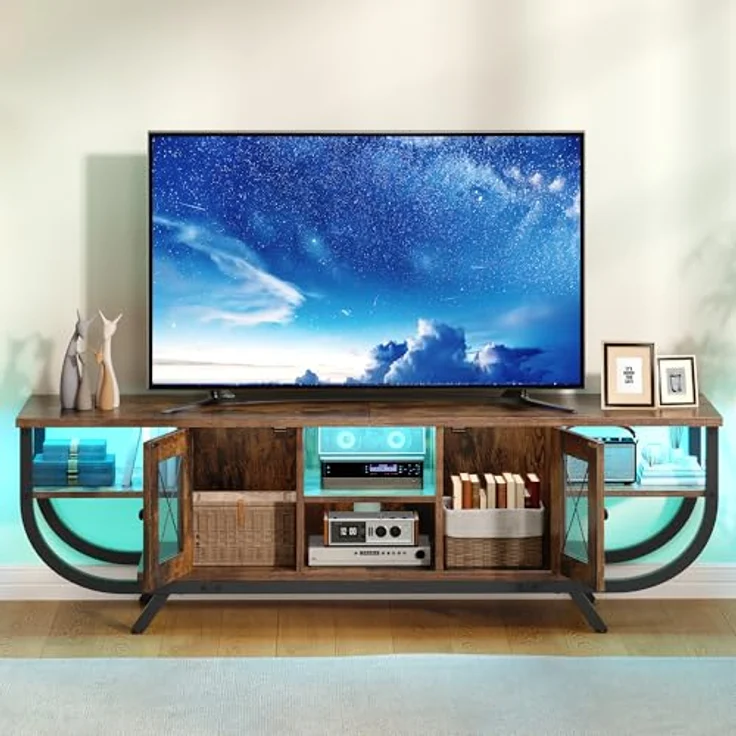 YITAHOME Industrielles TV-Schrank,140cm TV Lowboard für Fernseher bis zu 55 Zoll mit LED-Beleuchtung,Wohnzimmer Fernsehschrank TV Board mit Offenen Stauraum,Vintagebraun – Bild 6