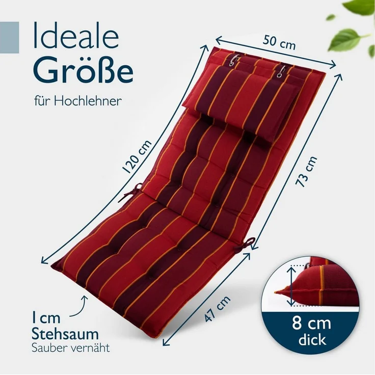 Beautissu Hochlehnerauflage Premium Hochlehner Auflage Kopfpolster Sun Sun-HL, 120x50cm, Rot, Mit Kopfpolster, rutschfest & robust – Befestigungsbänder, UV 5 – Bild 3
