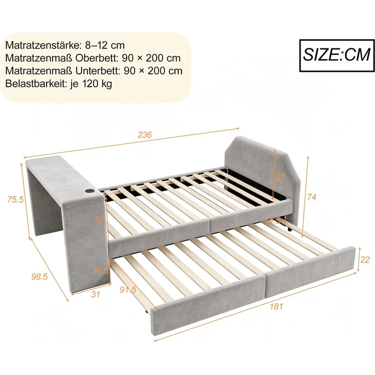 Merax Einzelbett, Kinderbett, Polsterbett 90 x 200cm mit integriertem Schreibtisch, USB-Ladeanschluss und ausziehbarem Gästebett; Samt-Bettgestell, Grau – Bild 4