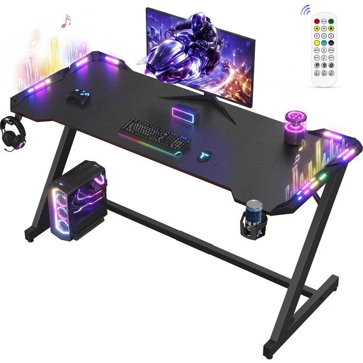 VASAGLE Gaming Tisch mit LED-Beleuchtung, Z-förmig, 140 x 60 x 76 cm | Computertisch, mit Getränkehalter, für Gaming Room, Kohlschwarz und Tintenschwarz, BLOSS Kollektion LWD414B101