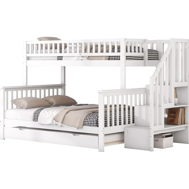 Etagenbett 90x200/140x200 cm Kinderbett mit ausziehbarem Rollbett,Hochbett mit Ablagefächern, Treppe und Geländer,weiß – Bild 8