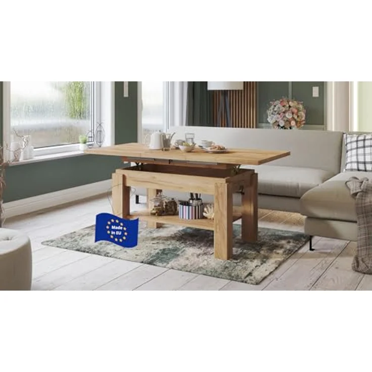 designimpex Couchtisch Couchtisch Astoria Eiche Gold höhenverstellbar ausziehbar Esstisch, Funktionstisch, Wohnzimmertisch, Tisch, Esstisch, Sofatisch – Bild 2