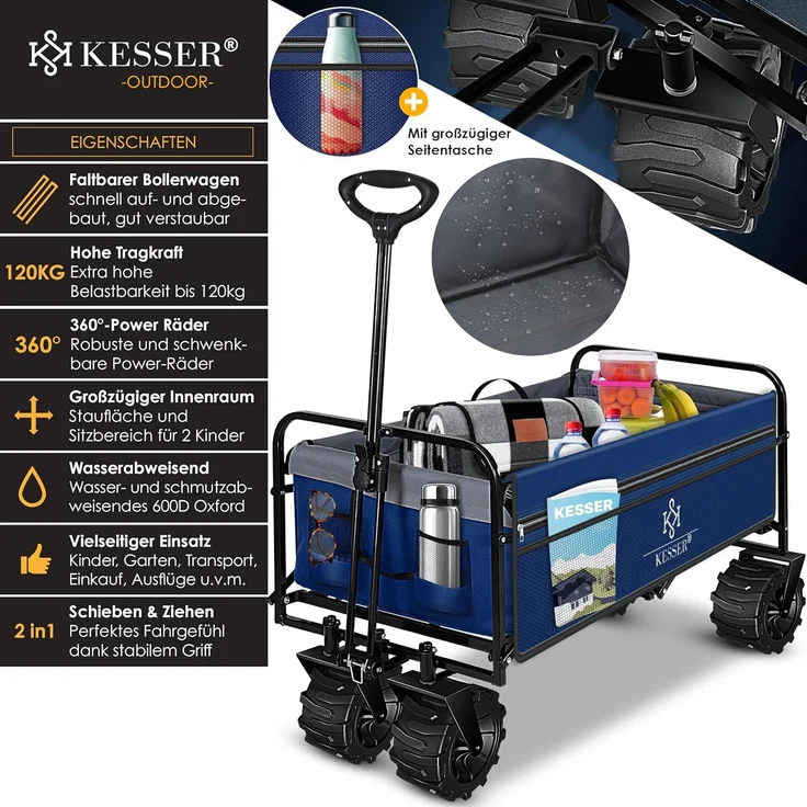 KESSER® Bollerwagen faltbar mit Breite Reifen Handwagen Transportkarre Gerätewagen | inkl. 2 Netztaschen | klappbar | Kunststoff-Reifen | bis 150 kg Tragkraft transportwagen Gartenanhänger Blau/Grau – Bild 4