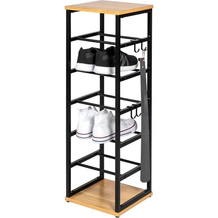 eluno Schuhregal für max. 6 Paar Schuhe, 2 Holzablagen, 4 Haken