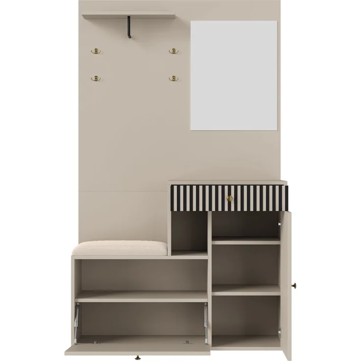 Merax Garderobenset, Kompaktgarderobe, Flurgarderobe mit Spiegel und Polsterkissen, Flurschrank, Wohnwand, Regal, Flur- und Dielengarderobenpaneele, Schuhschrank, Beige – Bild 8