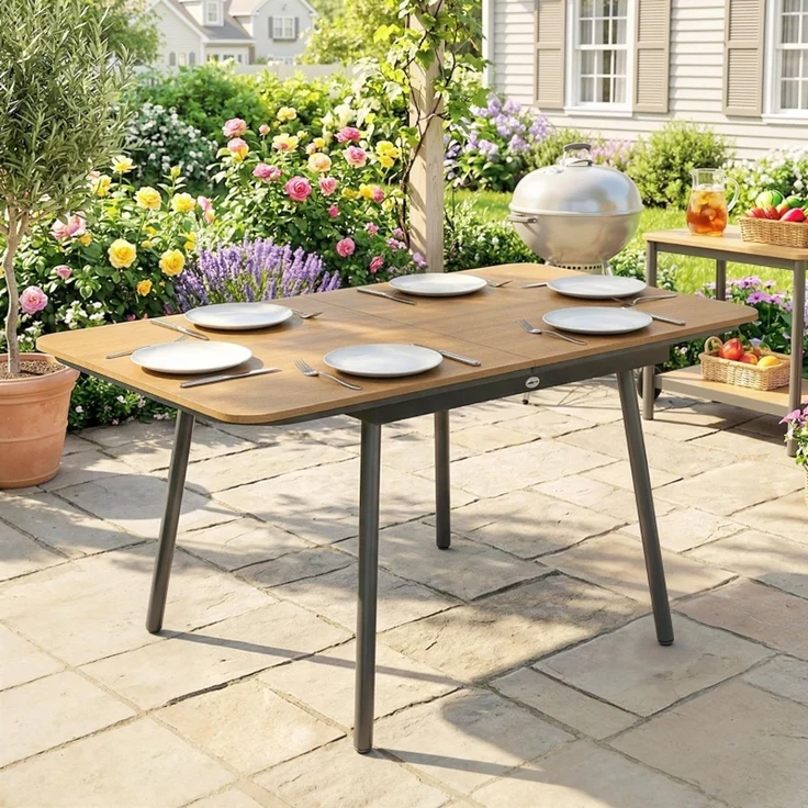 Gartentisch 140 x 80 cm für 6 Personen rostbeständig Outdoor Esstisch mit WPC-Tischplatte Verstellbare Füße, Teak--Teak--140x80x75cm--YOUDENOVA – Bild 8