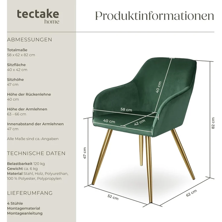 tectake®4er Set Esszimmerstuhl, Sessel bequem mit Armlehne, Polsterstuhl, Samtstoff Cocktailsessel, Loungesessel für Wohnzimmer, Esszimmer, Moderne Küchenstühle, Bürostuhl - dunkelgrün/Gold – Bild 3