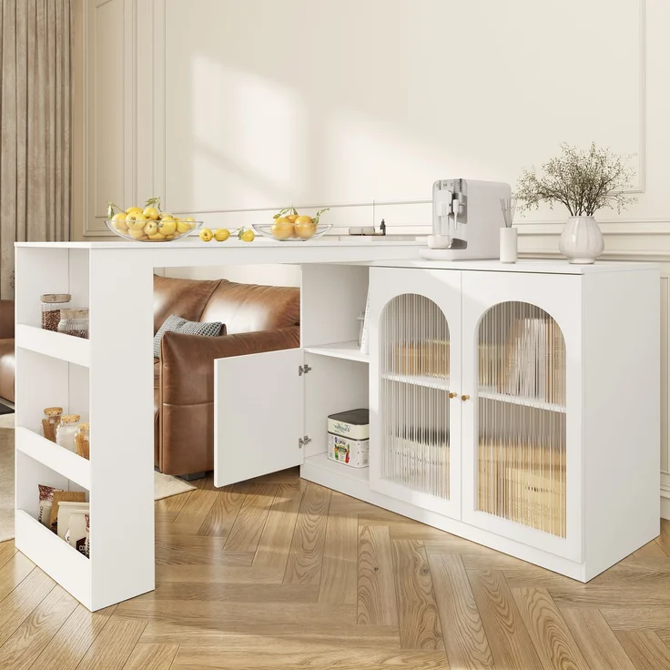 Esszimmerschrank Sideboard Weiß mit 360° Drehfunktion, Changhong-Glas Türen,Aufbewahrungsschrank mit Regalen und Schubladen – Bild 2