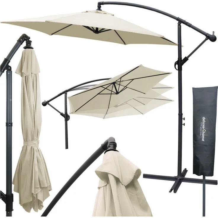 deluxe4home Sonnenschirm Ampelschirm Ø270 cm mit Ständer & Schutzcover I Terrassenschirm, Mit Handkurbel