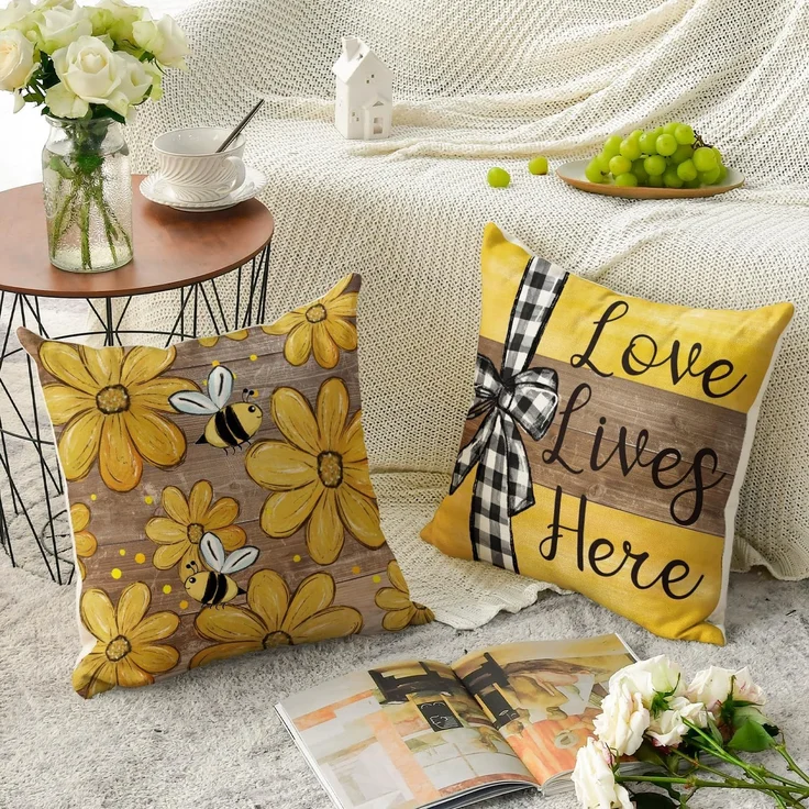 Kissenbezüge 45×45 cm 4er-Set Bee & Sunflower, Streifen/Punkte, Home Sweet Home, Frühling Deko – Bild 5
