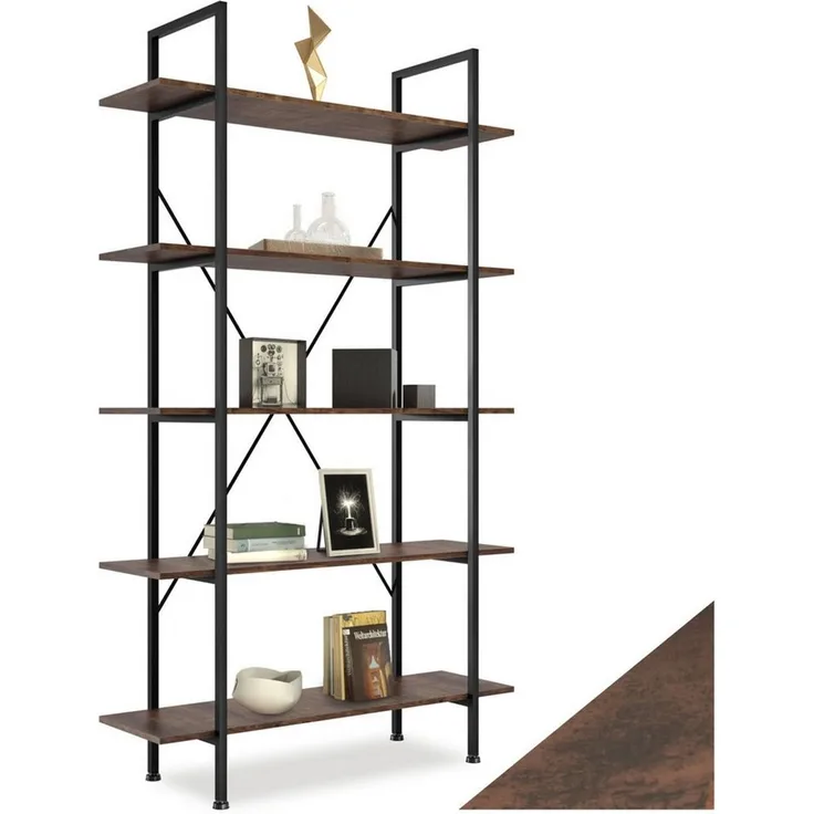 tectake Bücherregal Standregal, inklusive Kippschutz, 106 x 34,5 x 179,5 cm, Holzregal Glasgow 1-tlg, mit 5 Ebenen, mit höhenverstellbaren Kunststofffüßen