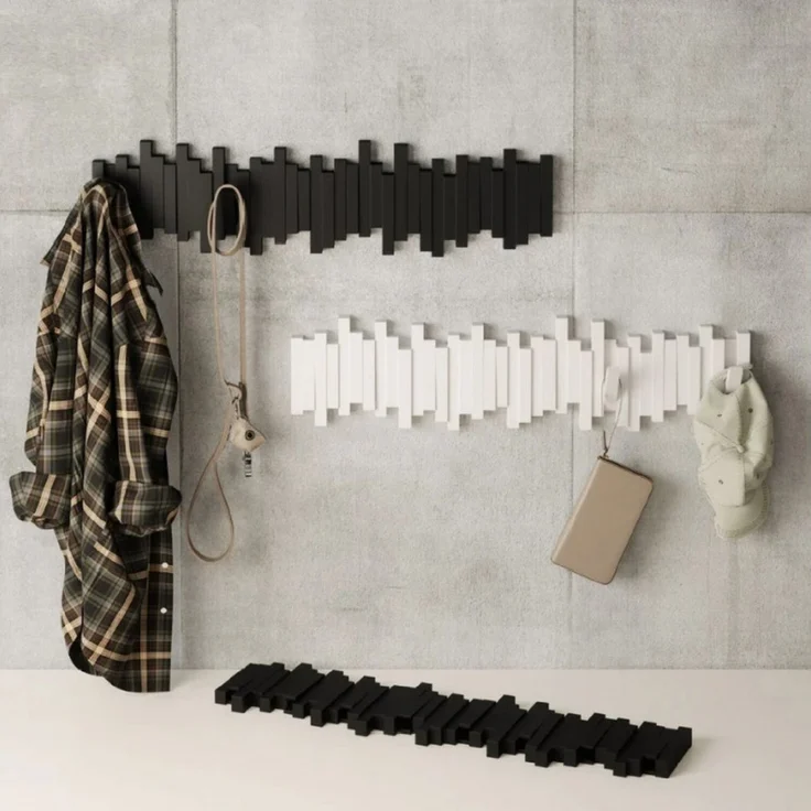 Umbra Stäbchen Garderobenhaken mit 8 Haken – Moderne und platzsparende Garderobenleiste mit acht Beweglichen Haken für Jacken, Mäntel, Schals, Handtaschen und mehr, Weiss – Bild 1