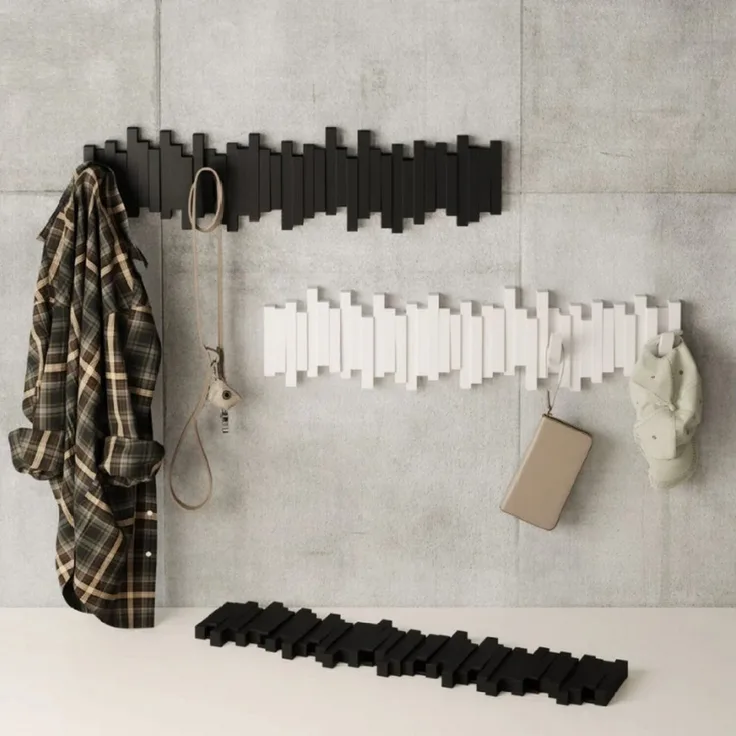 Umbra Stäbchen Garderobenhaken mit 8 Haken – Moderne und platzsparende Garderobenleiste mit acht Beweglichen Haken für Jacken, Mäntel, Schals, Handtaschen und mehr, Weiss