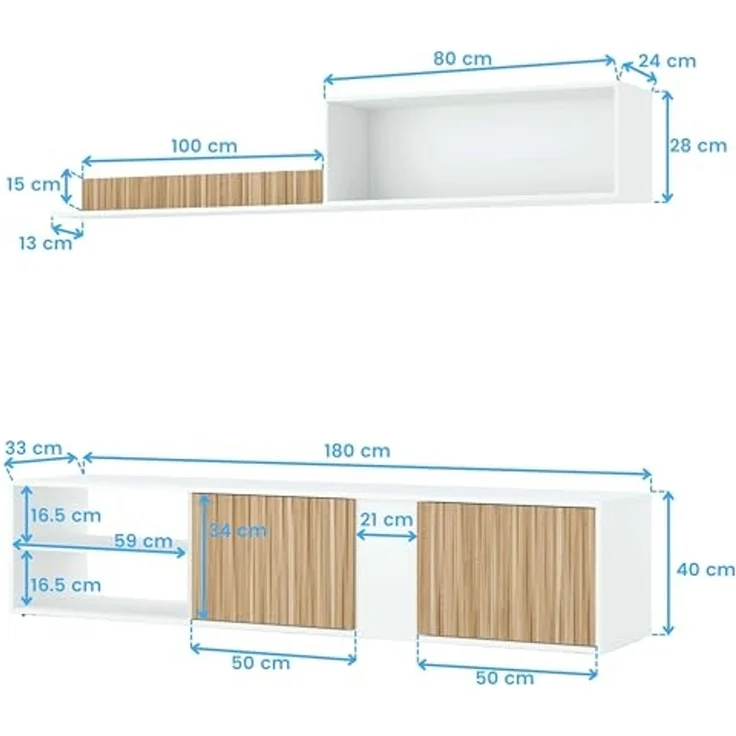 Habitdesign, Wohnzimmermöbel Set, Moderne Wohnwand mit TV-Schrank, Flexibler Montage rechts oder Links, in Artik weiß und Naturholz-Optik, Maße: 180 x 40 x 33 cm (B x H x T), Modell Ecco – Bild 3