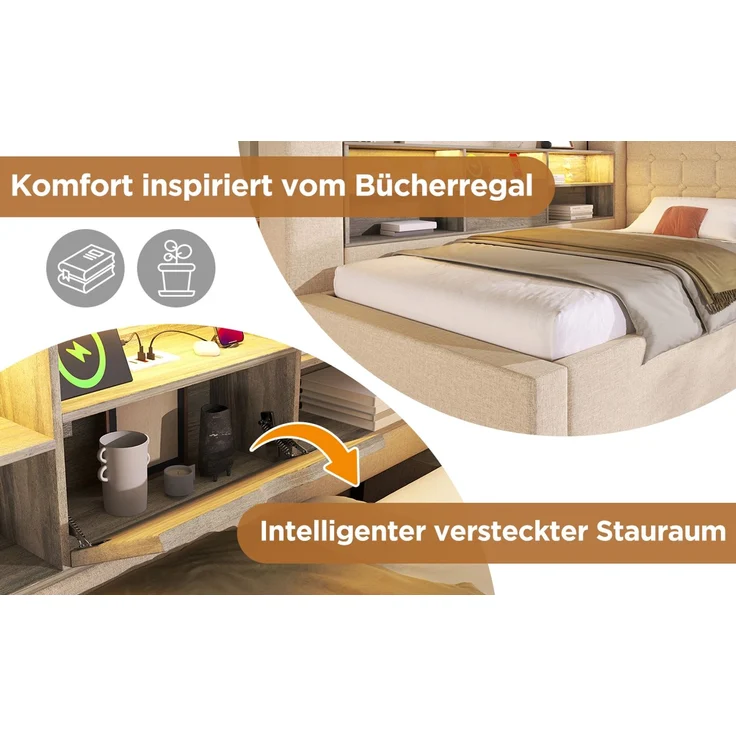 U-life Polsterbett Doppelbett 140x190 cm, hydraulischer Stauraum, L-förmigem, Beidseitig montierbar, Lattenrost, Leinen, Beige – Bild 8