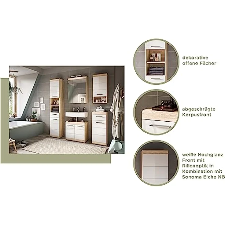 Xonox Lambada Hochschrank (B/H/T: 74x191x31 cm) in weiß Hochglanz und Sonoma Eiche hell – Bild 10