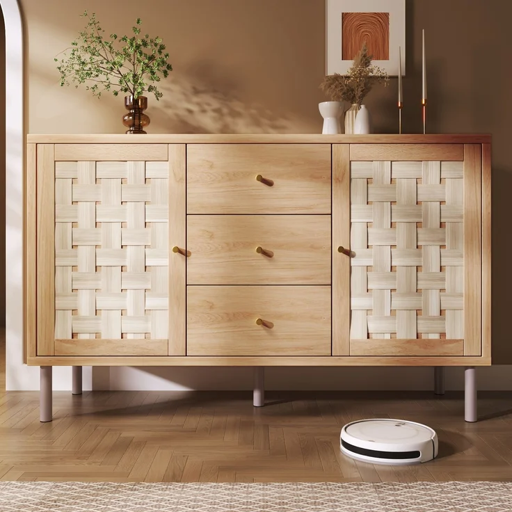 Merax Sideboard, Landhaus-Kommode 120x40x75 cm, eichefarben, mit 2 Türen, 3 Schubladen, höhenverstellbare Einlegeböden, Metallbeine, Kippsicherung – Bild 2