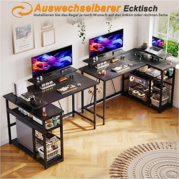 Furnicopia Eckschreibtisch L-förmiger Gaming-Schreibtisch mit Stauraum, Steckdosen und LED (120/140 cm großer Schreibtisch mit zwei Monitorhalterungen, zwei Ablagen, einer verstellbaren Ablage, einem Becherhalter und einem Kopfhörerhalter) – Bild 2