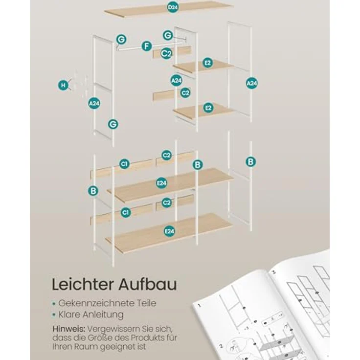 SONGMICS Kleiderschrank offen, Kleiderständer, Garderobenständer, Garderobe mit Kleiderstange, Ablagen, abnehmbare Haken, 40 x 98 x 181 cm, naturbeige-mattweiß RGR024W01 – Bild 6