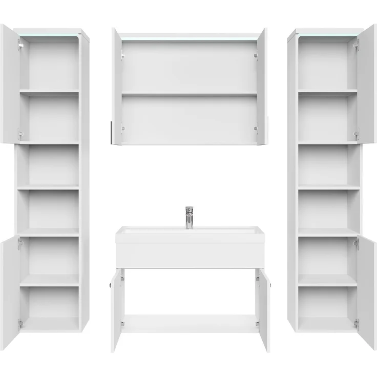 Badplaats Badmöbel Komplettset Paso XL LED 80 x 40 cm Weiß Hochglanz - Badezimmermöbel mit Waschbecken, Spiegelschrank und 2 Badezimmerschränke – Bild 4
