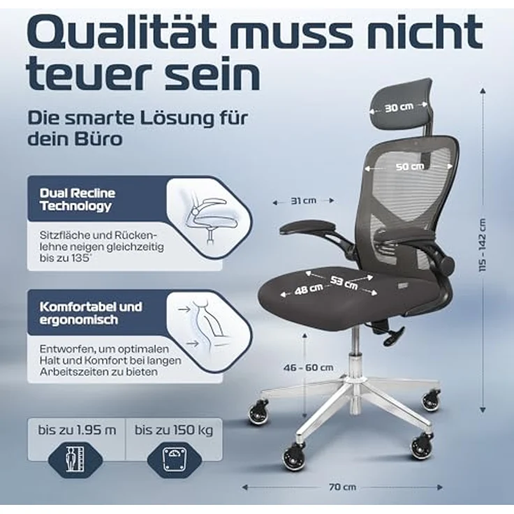 Clouvou Drehstuhl SmartSeat, Ergonomischer 1-Sitzer, Schwarz, Textil, 70x142x70 cm, Ideal für Homeoffice und Büro – Bild 2