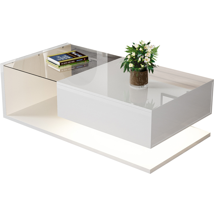 Couchtisch mit LED-Beleuchtung, Wohnzimmertisch 105×55 cm mit Glasplatte und Ablagefach, Weiß Hochglanz – Bild 10