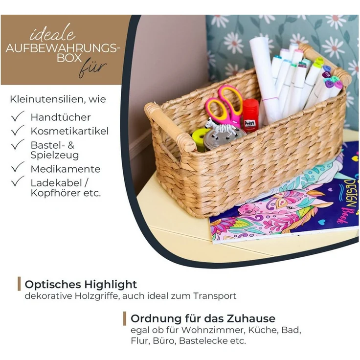 HMF Aufbewahrungskorb Aufbewahrungskorb mit Holzgriffen, Badezimmer Korb (1 St), aus Wasserhyazinthe Seegras handgefertigter Flechtkorb 30 x 15 x 13 cm – Bild 2