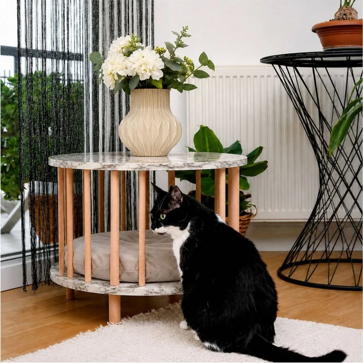 Jungengel Couchtisch Modern mit Katzenhöhle Katzenhaus Beistelltisch Rund Holz Sofatisch (Einzelartikel, 1 Katzenhöhlen-Beistelltisch & 1 Katzenkissen), 2-in-1 Katzenhöhle und Beistelltisch mit Kissen - 4x Varianten – Bild 4
