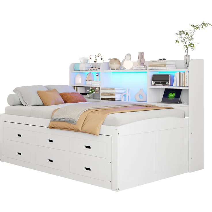 Schlafsofa, Daybett, Tagesbett, 90 x 200cm, Mit LED-Leuchten, 3 schubladen, Nachttischablage, Multifunktionales ausziehbares bett mit usb+type-c, Ohne matratze, Weiß – Bild 8