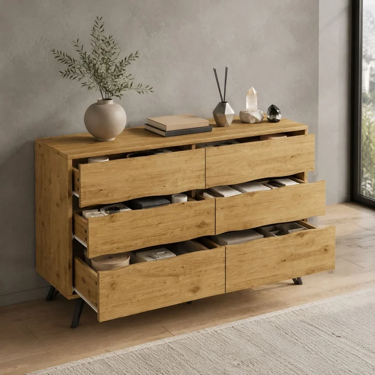 DESVIAE Sideboard mit 6 Schubladen 120x75,5x40 cm aus Spanplatte in Holzfarbe – Bild 2
