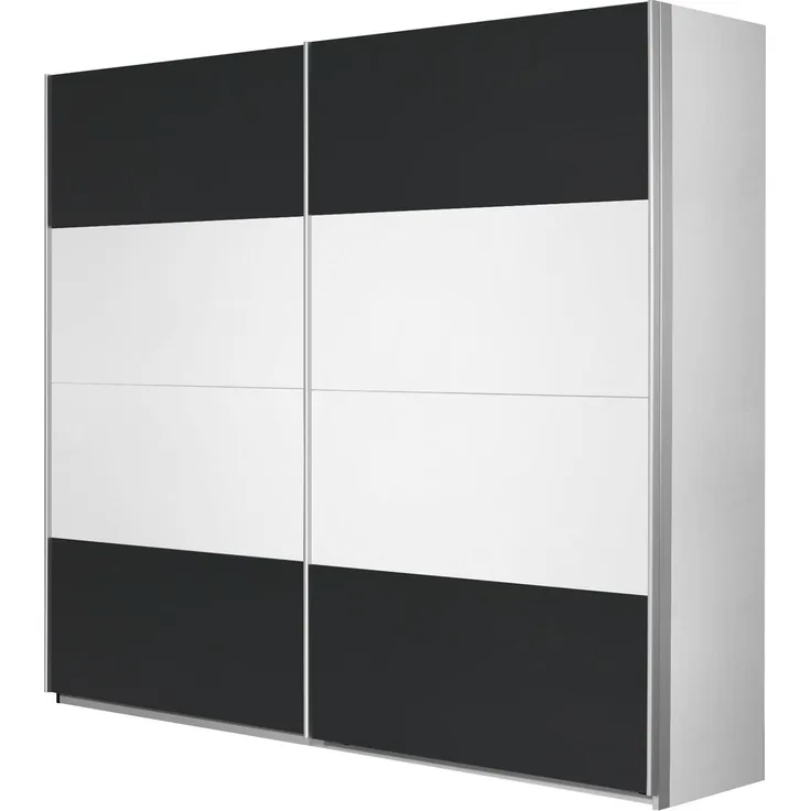Rauch Möbel Quadra Kleiderschrank, Schwebetürenschrank, 2-türig, inkl. Zubehörpaket Basic 3 Einlegeböden 3 Kleiderstangen, Farbe Alpinweiß/Grau metallic, BxHxT 270 x 210 x 62 cm