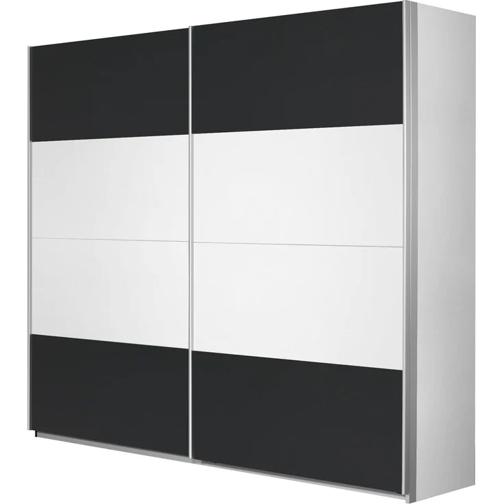 Rauch Möbel Quadra Kleiderschrank, Schwebetürenschrank, 2-türig, inkl. Zubehörpaket Basic 3 Einlegeböden 3 Kleiderstangen, Farbe Alpinweiß/Grau metallic, BxHxT 270 x 210 x 62 cm – Bild 1