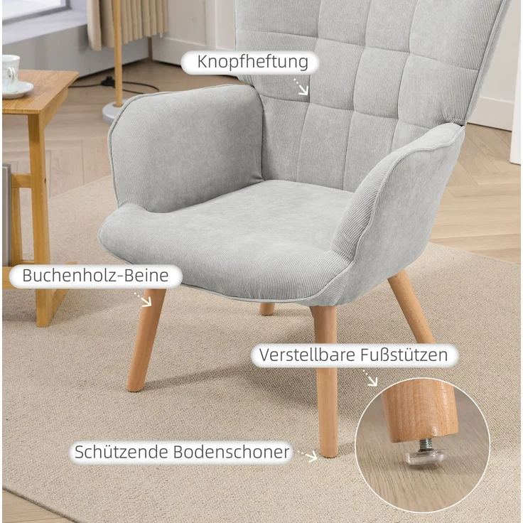 Ohrensessel mit Hocker 72 x 80 x 101 cm – Relaxsessel in Grau mit Holzbeinen und gepolstertem Sitz – Bild 5