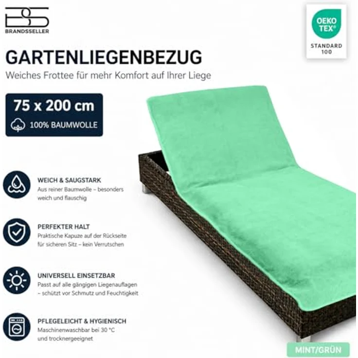 Brandsseller Schonbezug für Gartenliege, Strandliegenauflage, Frottee Schonbezug, 100% Baumwolle - ca. 75x200 cm - Mint/Grün – Bild 6