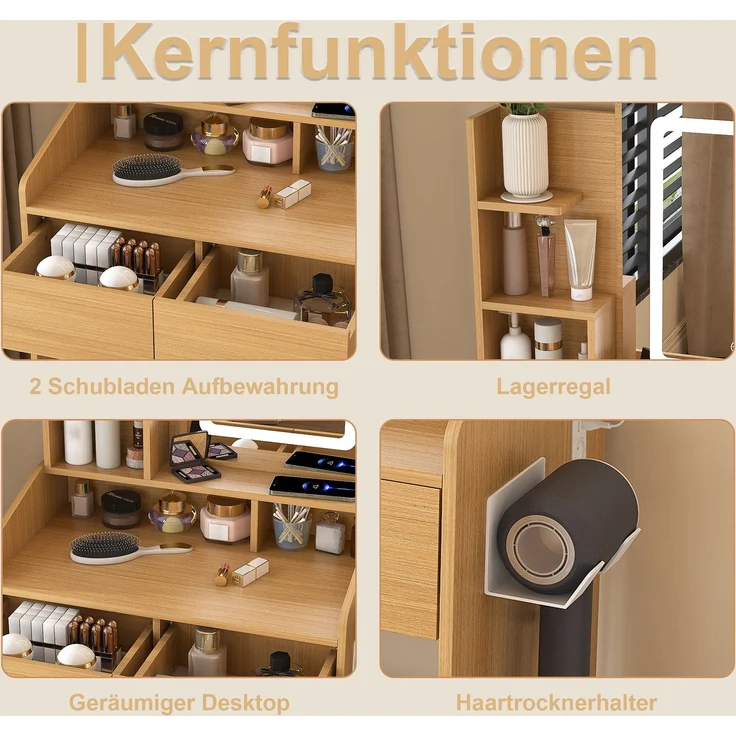 CHICFURN Schminktisch 60x130x36 cm aus MDF mit LED-Beleuchtung, Hocker und 2 Schubladen – Naturholz – Bild 6