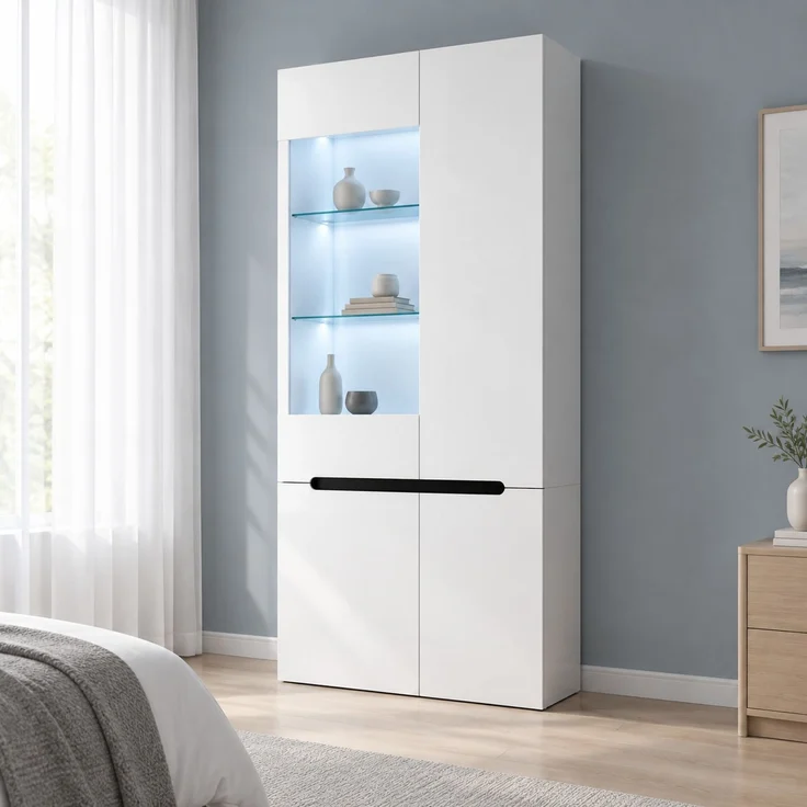 Vitrine 80x35x180 cm in Weiß, mit 4 Türen, LED-Licht und 8 Fächern – Bild 3