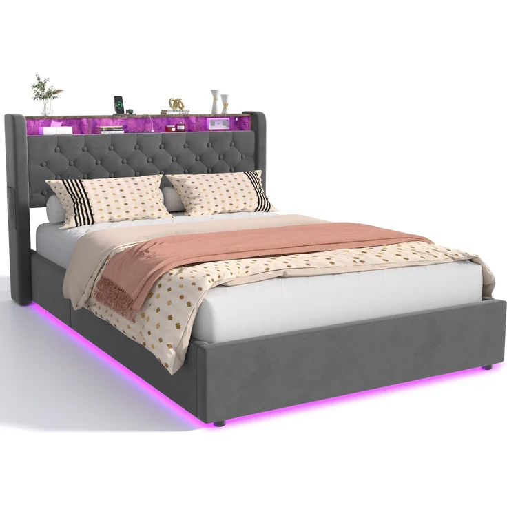 MODFU Polsterbett Mit Stauraum,LED-Beleuchtung und USB-Anschlüssen (Funktionsbett, 1-tlg, Stabiler Metallrahmen, inkl. Lattenrost, ohne Matratze), 140x200 cm, Hollandvelours, Kopfteil-Ablage – Bild 7