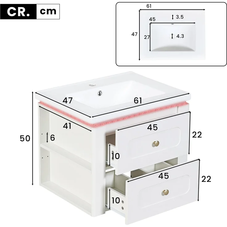 Wandhängender Badschrank 61 x 47 x 50 cm aus MDF mit Keramikwaschbecken, LED und verstellbarem Einlegeboden – Bild 4