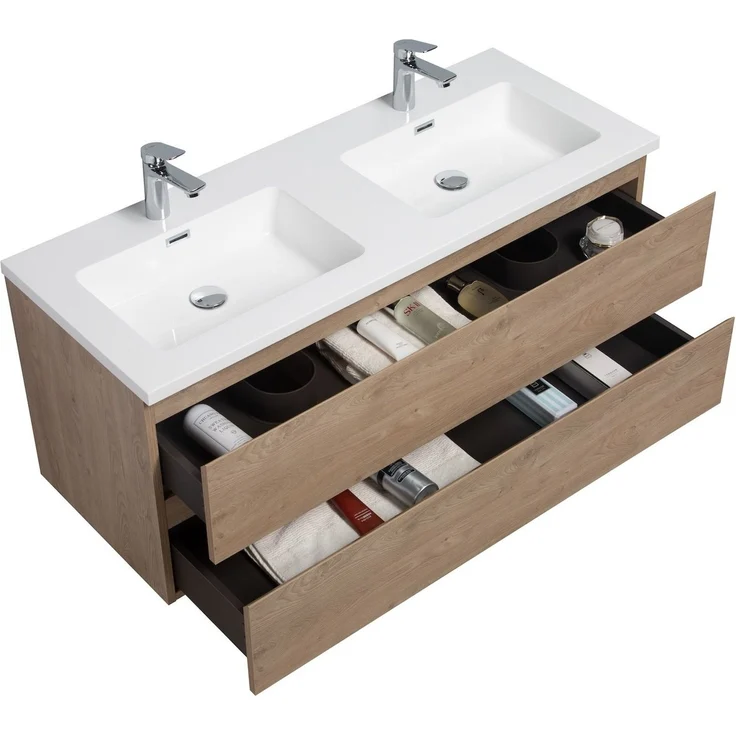 Badplaats Badmöbel Set mit Waschbecken und Unterschrank Angela 120 x 48 cm Kastanien Eiche - Waschbeckenunterschrank mit Soft-Close und Doppelwaschbecken, Vorgemontiert – Bild 2