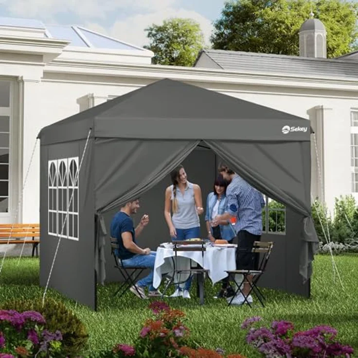 Sekey Pavillon 3x3 mit 4 Seitenteile, Faltpavillon Wasserdicht Stabil Winterfest, Pop Up Pavillon Faltbar für Camping, Festival, Events, Picknicks, Partyzelt Gartenzelt mit 4 Sandsäcke, Grau – Bild 8