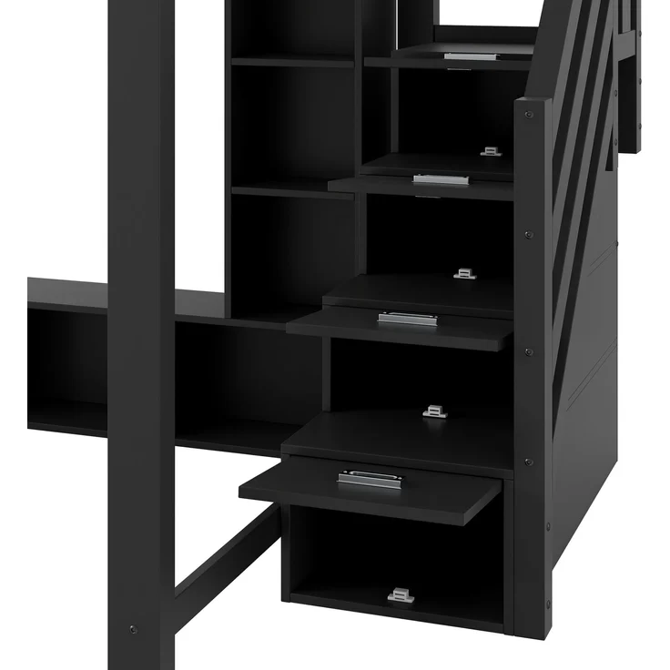 Hochbett 140x200 cm mit Schreibtisch, mehrstufigem Stauraum, LED-Beleuchtung und Stauraumtreppe, Schwarz – Bild 9