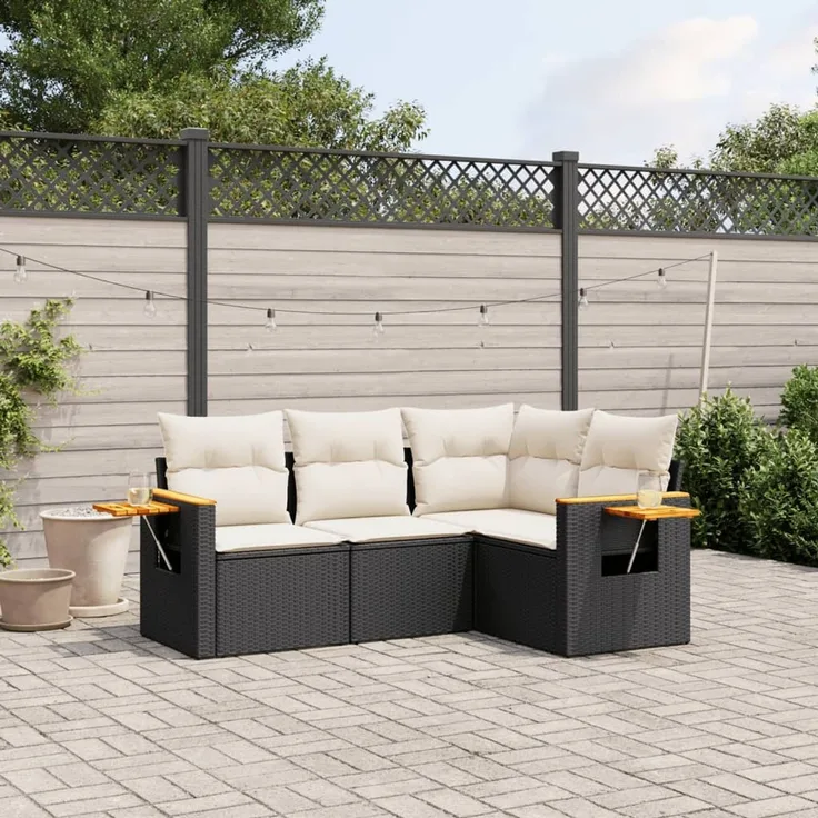vidaXL 4-tlg. Garten-Sofagarnitur mit Kissen Schwarz Poly Rattan 3259172