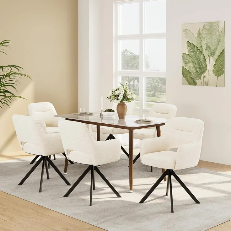 COLAMY Drehbare Esszimmerstühle 6er Set mit Armlehnen, Drehbare Polsterstühle für Küche & Esszimmer aus weichem Florstoff mit Metallgestell und Rückenlehne, für Esszimmer, Küche, Büro,Beige – Bild 2