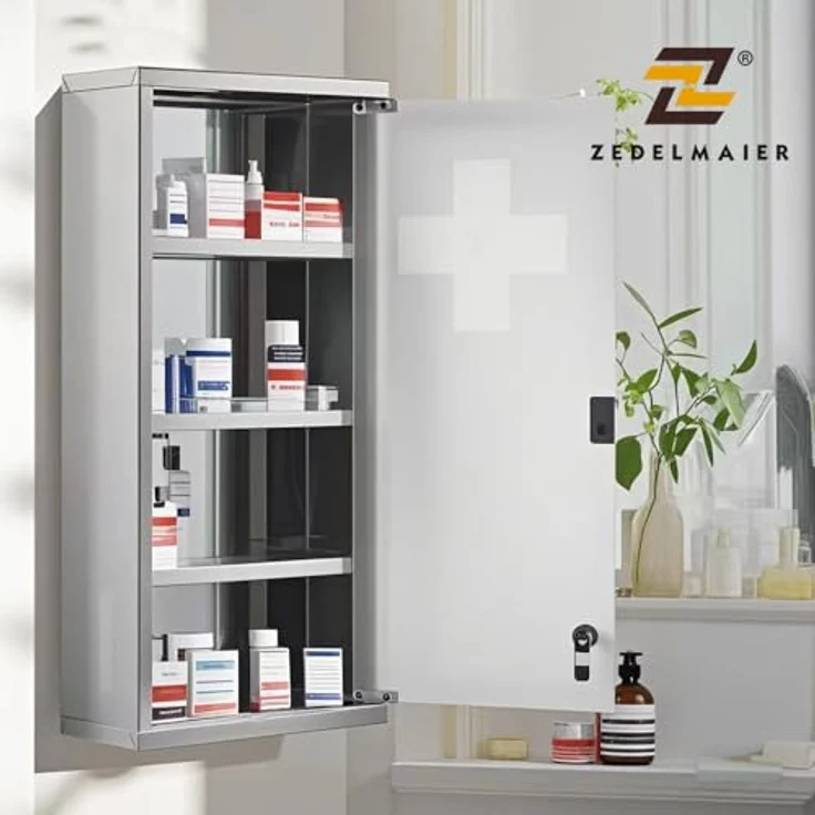 Zedelmaier Medizinschrank aus Edelstahl,Medikamenten Aufbewahrung,Medikamentenschrank 4 Fächer,Apothekerschrank,Hängend,Abschließbarer Medizinschrank,57 x 27 x 12 cm,Weiß – Bild 5